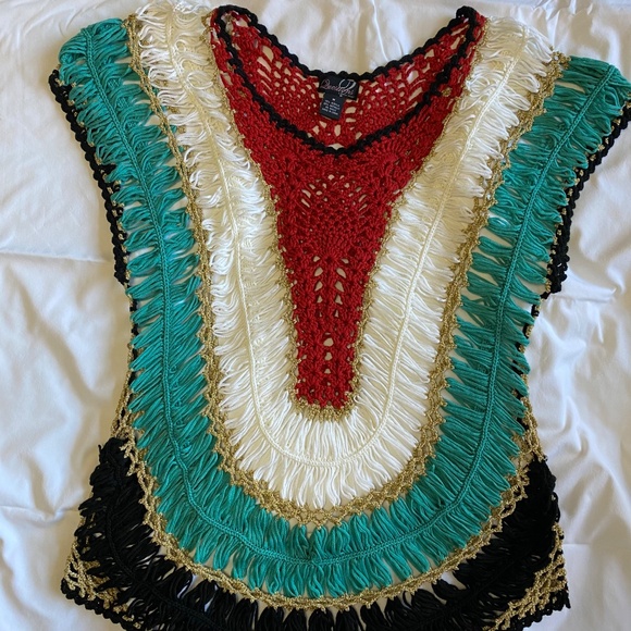 QUESTIONS BY SAY WHAT? Metallic Rainbow Crochet Boho Festival Top M - Picture 8 of 16